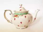 NEW GRACIE WHITE+PINK,FLOWERS,GOLD+GREEN TRIM TEA,COFFEE POT,TEAPOT 36 OZ.