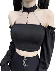 [Kisswow] Gothic Crop T Shirts Women Lace Up Tops Corset Street Spaghetti Strap Black Top Lace Mesh Short Sleeve Tee Camis