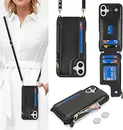 Cavor for iPhone 16 Plus Phone Case Vertical Flip Cover for iPhone16 Plus Crossbody Leather Wallet Credit Card Slots Kickstand Zipper Shoulder Strap for Women-Long Laryard Black