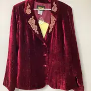 Bob Mackie Art VTG Velvet Beaded Burnout Rose Button Collared Jacket Red Large