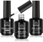 Beetles Top Coat Base Gel & Nail Glue Set-3Pcs No Wipe Top Coat & Base Coat w...