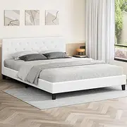 ALFORDSON Bed Frame Base Double Size Madelyn Series, Mattress Topper Platform Foundation with PU Leather Upholstery for Bedroom, White