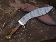 15" Damascus Steel Blade Hand Made Kukri Knife Bowie Knife W/L/Sheath BL-2594