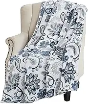 Home Decor Bohemian Chic Fleece Throw Blankets: Soft Plush Floral Damask and Paisley Design Accent for Sofa Couch Chair: Sage Navy White Grey