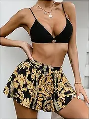 [LANREN] Sexy High Waist Skirt Swimsuit Women Triangle Micro Bikini Print Swimwear Swimming 3 Pieces Bathing Suit (Color : 1, Size : Small)