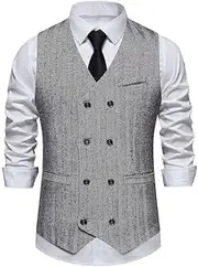 Ehioe Mens Slim Fit Sleeveless Suit Vest Double Breasted Twill Business Formal Wedding Dress Waistcoat, Black and White, Small