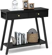 JOINHOM Console Table with Storage for Living Room - Black Narrow Entryway Table with Shelves, Wood Modern Sofa Table for Hallway