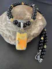 Mens Navajo Pearls Onyx Bumblebee Jasper Sterling Silver Necklace Pendant 10326