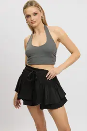 Black Skort Skirt Frilled Hem Elasticated Waist - Size 12M, Women's Shorts