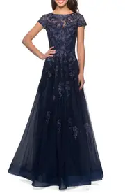 La Femme Embellished Mesh A-Line Gown in Navy at Nordstrom, Size 12