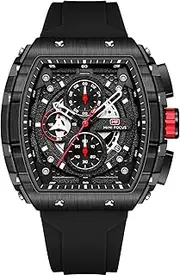 [MF MINI FOCUS] Mini Focus Unique Men Chronograph Watch Tonneau Casual Wrist Watches (Hollow/Waterproof/Super Luminous/Calendar) Soft Silicon Band Fashion Cool Watch for Men