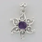 Natural Cut Round Purple AMETHYST Star / Sun Pendant - 925 STERLING SILVER #49e