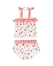 Angel Dear Girls' Watercolor Cherries Gingham Smocked Ruffle Top & Bloomer Set - Baby