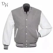 New Grey Wool Body With White Real Leather Arms Letterman Varsity Bomber Jacket