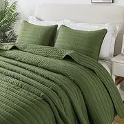 Olive Dark Green King Size Quilt Bedding Sets with Pillow Shams, Lightweight Soft Bedspread Coverlet, Forest Quilted Blanket Thin Comforter Bed Cover for All Season, 3 Pieces, 104x90 inches