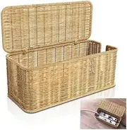 Handmade Rattan Cable Management Box with Lid,Cord Organizer with 2 Open Slots,Decorative Cord Hider Box,Under Desk Cord Organizer for Computer Router USB Hub & Power Strip,Hide Power Strips & Cords