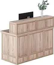 LITTLE TREE 57-inch Reception Desk with Counter,Boho Front Desk Receptionist Desk, Modern Welcome Desk Checkout Counter for Office, Retail, Lobby,Salon,Oak