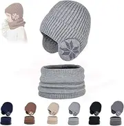 [HOBIVA] Children's Winter Fleece Scarf Suit,Kids Winter Warm Knit Beanie Cap with Fleece Linin Scarf Set (Light Gray,OneSize)