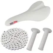 PRO+ PACKAGE DEAL: BICYCLE SEAT GRIPS CHAIN BMX ROAD FIXIE MTB BIKES WHITE