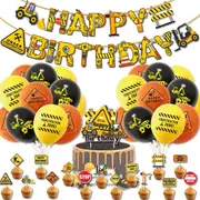 Construction Truck Vehicles Party Set - Birthday Banner - Latex Balloons - Cake Cupcake Toppers for Kids Birthday Party Decorations