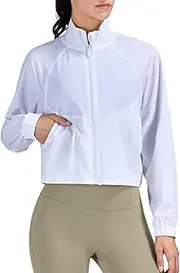 [Ncvtang] Women's Cropped Lightweight Running Track Jackets ZIP UP UPF 50+ Long Sleeve Sun Protection Athletic Tops