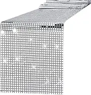 12 x 108 Inches Disco Party Table Runner Mirror Silver Foil Table Runner Glitter Metallic Table Cover Sparkle Sequin Tablecloth for 70s 80s Disco Dance Party Wedding Bachelorette Home Table Decorations (1)