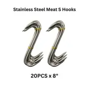 SET 20 x 8 in Butchers Meat Hanging Hooks Solid Stainless Steel Meat S-Hooks