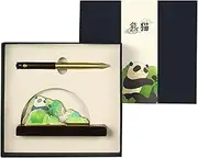 Sandalwood Phone Stand Business Card Holder Brass Signature Pen Art Painting Desk Accessories & Decorative Ornaments - Practical for Home Offices Businesses and More (Panda)