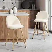 [OIKITURE] 2PC Bar Stools, Bar Stool Set of 2 with Sherpa Boucle Fabric Upholstered, Bar Stools Kitchen Counter in 58cm Seat Height Floor for Home Bar Outdoor Indoor, White & Wood