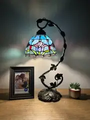 Tiffany Style Table Lamp Blue Purple Stained Glass Tulips LED Bulb Included 21"H