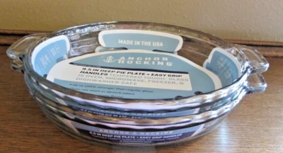 LOT OF 2 NEW ANCHOR HOCKING 9.5 IN DEEP PIE PLATES TEMPERED GLASS USA