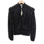 Ultra Pink Womens Lace Tie Front Blouse Top Size M Black Long Balloon Sleeve NWT