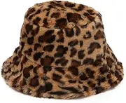 [PURFANREE] Women's Leopard Print Faux Fur Bucket Hat Fluffy Winter Warmer Plush Fisherman Cap