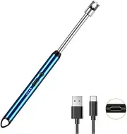 Electric Lighter Candle Lighter USB Type C Rechargeable Lighter Steel Shell & Hanging Hook, Windproof & Flameless Arc Lighter with 360° Flexible Long Neck for BBQ,Camping,Kitchen,Firework etc (Blue)
