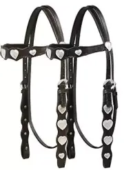 Western Leather Headstall w/ Silver Engraved Heart Conchos & Reins