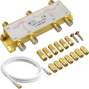 Justech 6 Way Gold Plated Satellite Splitter F Type Splitter Coax Cable Splitter 5-2500MHz with 1.5m Coax Cable F Plugs for Sky Box Telewest Eurovox Starview Dreambox