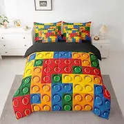 Feelyou Toddler Building Blocks 7 Piece Bedding Set Full Size Kids Toy Brick Bed Set Includes Comforter, Sheet Set, Pillowcases & Pillow Covers for Boys Games Comforter Set with Sheets, Colorful