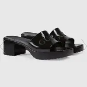 NEW GUCCI BLACK Rubber Logo Platform Block Heel Slide Sandals Size 9US/39EU