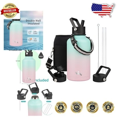 64 oz Insulated Water Bottle with Straw & Carrying Bag - Stay Hydrated in Style!