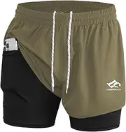 [LORSPORTCH] Men's Running Shorts 2 in 1 Shorts Gym Athletic Shorts Outdoor Marathon Workout Training Shorts with Built-in Pockets, Green/with Towel Loop, L