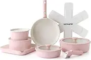 SENSARTE 17-Piece Ceramic Pot and Pan Set, Non-Stick Cookware with Removable Handle, Induction Cookware with Removable Handle, Dishwasher Safe (Pink)