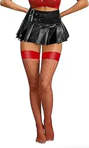 [RSLOVE] Women’s Sexy Thigh High Stockings Fishnet Tights Faux Leather Top Elastic Costume Thigh Highs