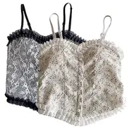 [Ztexkee] Girls Lace Trim Floral Top Tank Tops with Faux Pearl Cami Crop Top Built in Bra Padded Shirt Top for Women Girl