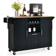 Costway Wood Kitchen Island Trolley Drop-leaf Tabletop Mobile Buffet Sideboard w/Liquor Rack/Spice Rack Black