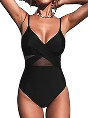 [Popomelo] Women Sexy Cutout One Piece Swimsuit - High Waisted Wrapped Mesh Monokini Push Up Tummy Control Bathing Suit