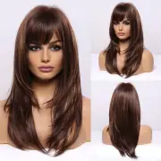 Brown Wigs for Women Highlight Wigs with Bangs Long Straight Layered Heat Res...