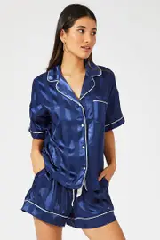 Blue Stripe Satin Stripe Pj Contrast Piping Pyjama Set - Size L, Women's Satin Set