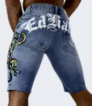 ED HARDY Embroidered Snake Panther Slim Fit Denim Jean Shorts NEW Mens 30 32 38