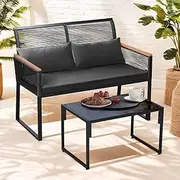 Groverdi 2PCS Patio Loveseat Wicker Outdoor Furniture Set with Removable Cushions & Glass-Top Coffee Table, 2-Seater Conversation Sofa Couch for Backyard Deck, Rattan Patio Loveseat with Table, Black