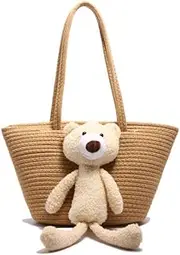 [Generic] Women Bear Woven Tote Handbag Large Capacity Ladies Commute Shoulder Bag (Khaki)